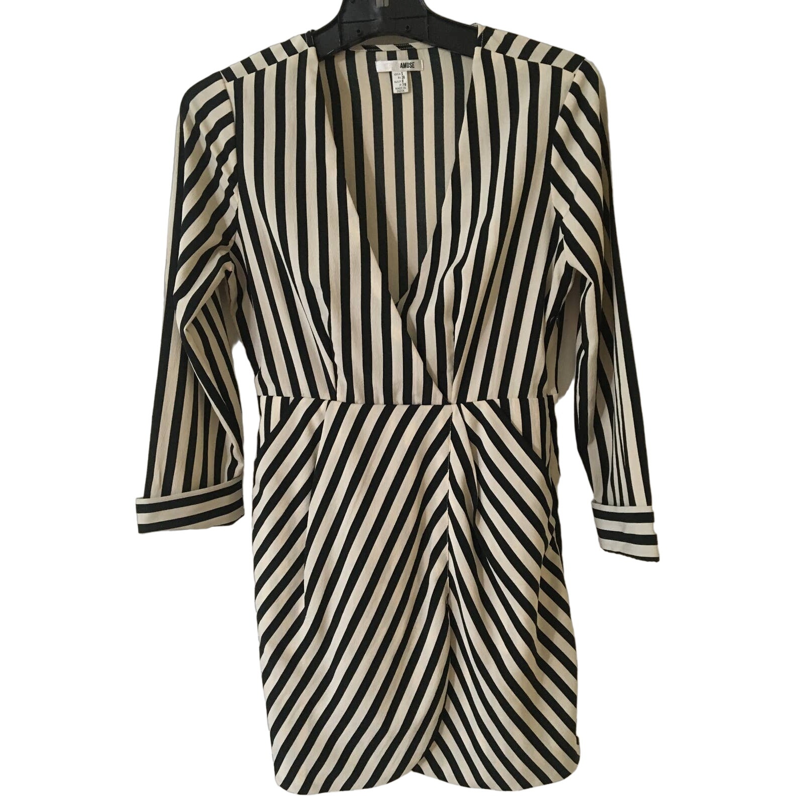 Amuse Society S Black & Tan Striped Minidress Dress Long Sleeves Pockets, V-Neck